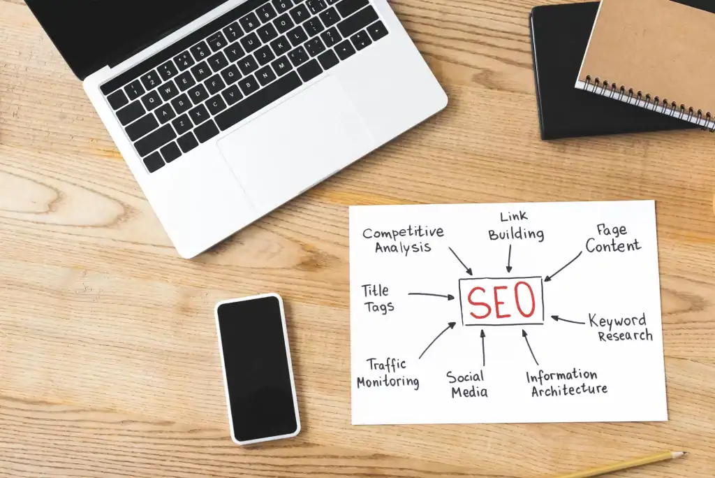 Desk setup with a laptop, phone, and paper showing a mind map of SEO strategies including seo link building tips